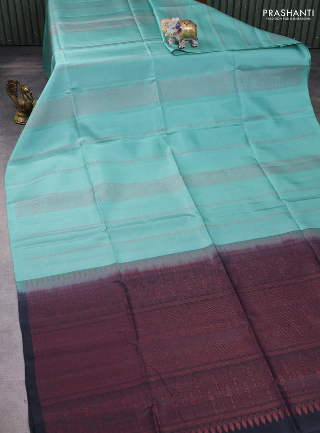 Pure soft silk saree pastel green and black with allover thread zari woven buttas and piping border