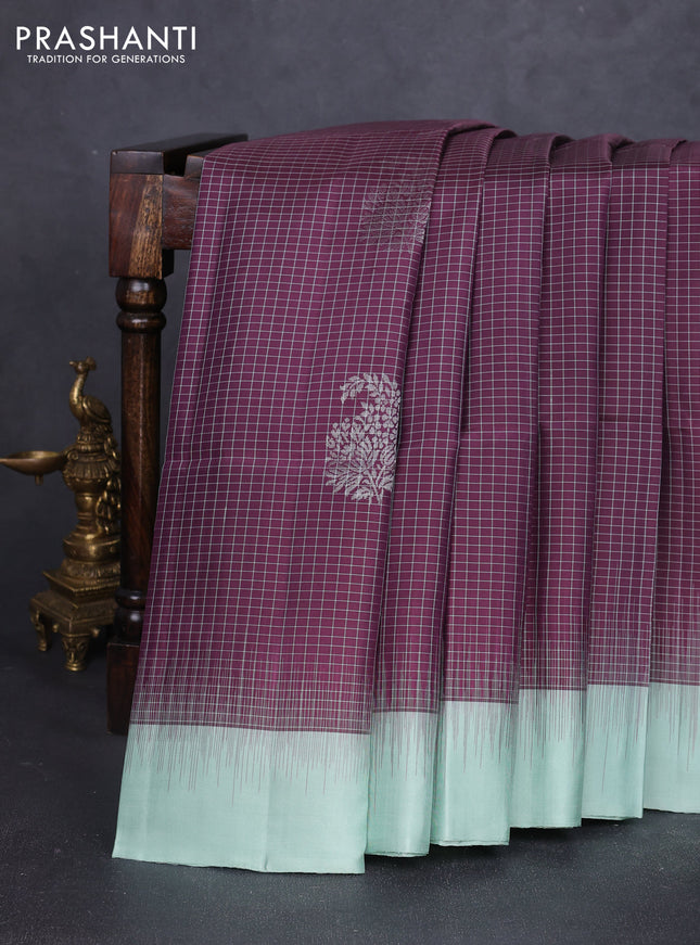 Pure soft silk saree wine shade and pastel green with allover checks & zari woven buttas and simple border