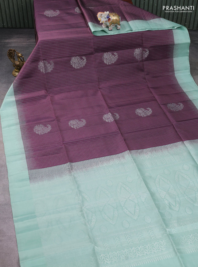Pure soft silk saree wine shade and pastel green with allover checks & zari woven buttas and simple border