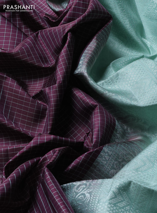 Pure soft silk saree wine shade and pastel green with allover checks & zari woven buttas and simple border