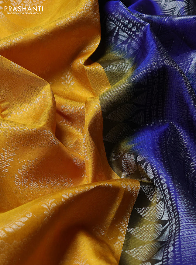 Pure soft silk saree yellow and blue with allover zari brocade weaves and zari woven border