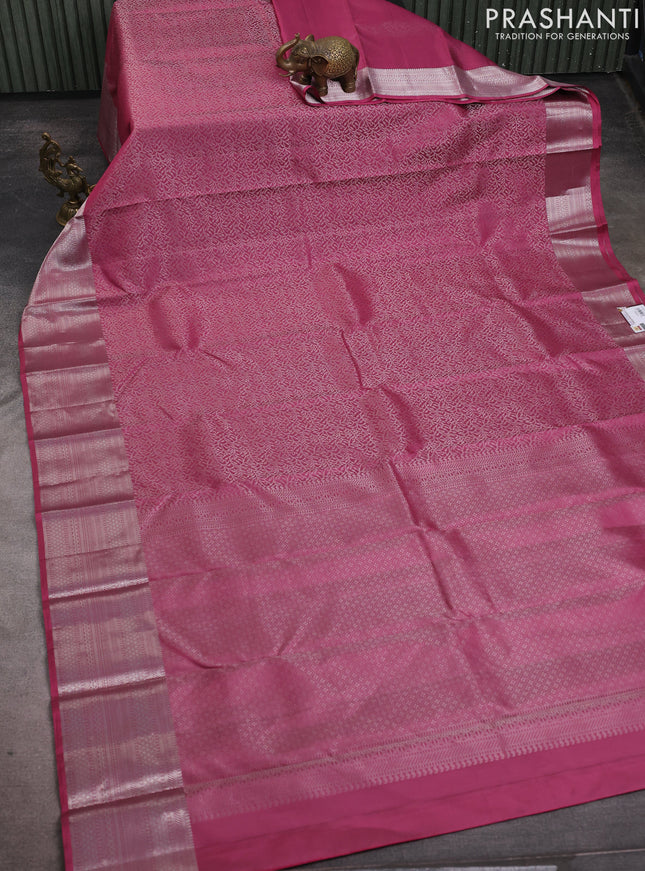 Pure soft silk saree mauve pink with allover zari brocade weaves and silver zari woven border