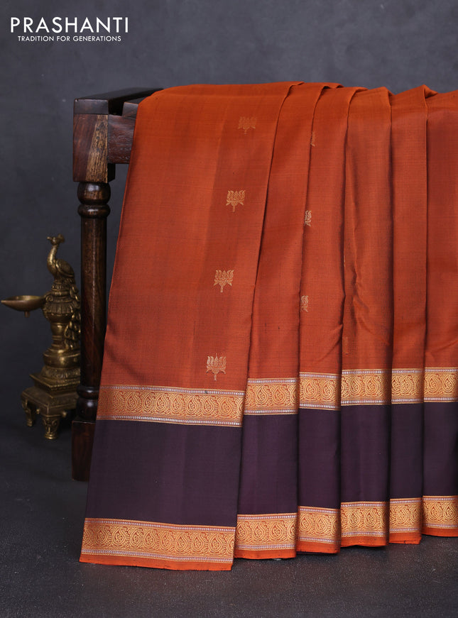Pure soft silk saree rust shade and coffee brown with lotus zari woven buttas and rettapet zari woven border