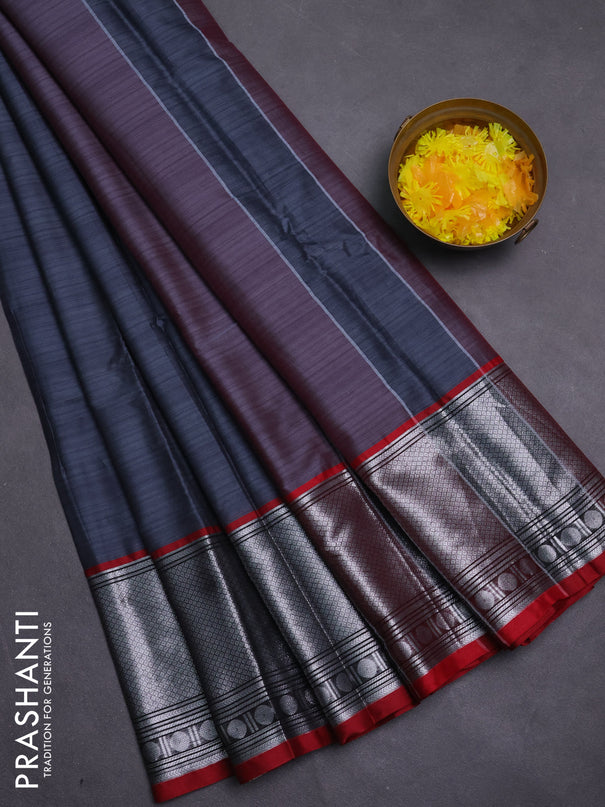 Narayanpet cotton saree grey and maroon with plain body and long zari woven border