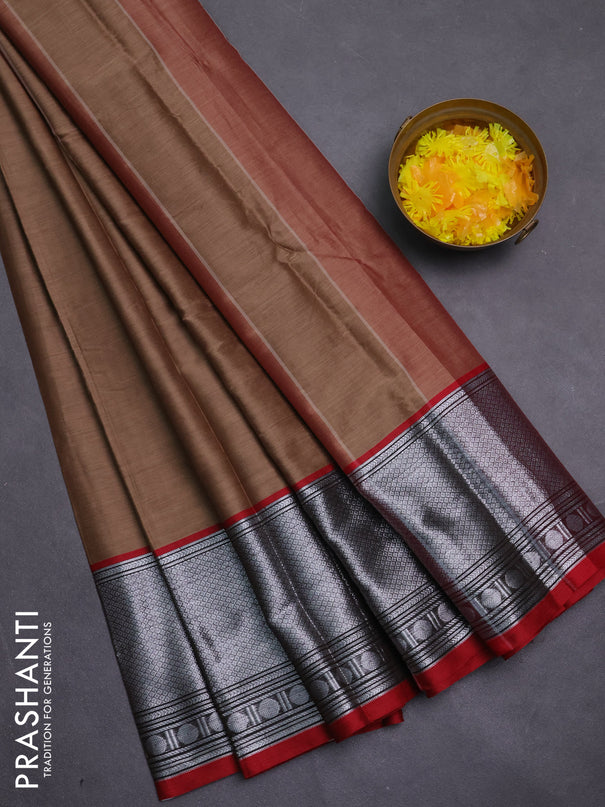 Narayanpet cotton saree sandal and maroon with plain body and long zari woven border