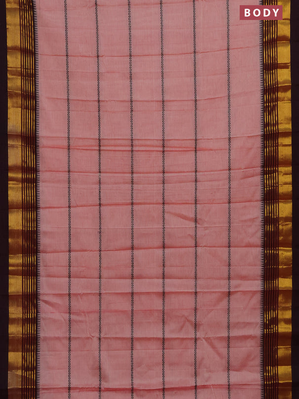 Narayanpet cotton saree peach shade and deep maroon with thread weaves and zari woven border
