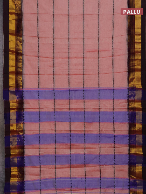 Narayanpet cotton saree peach shade and deep maroon with thread weaves and zari woven border
