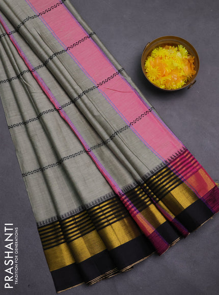 Narayanpet cotton saree pastel green and black with thread weaves and zari woven border