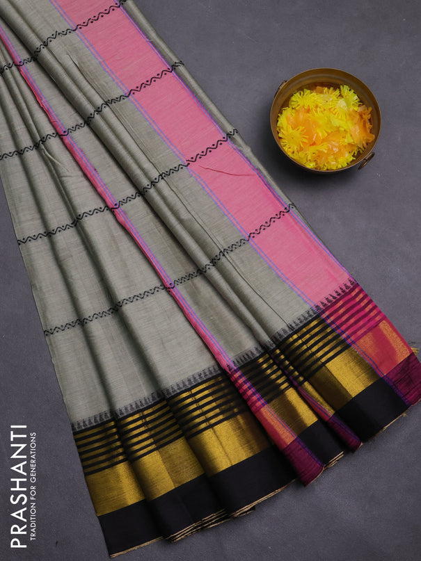 Narayanpet cotton saree pastel green and black with thread weaves and zari woven border