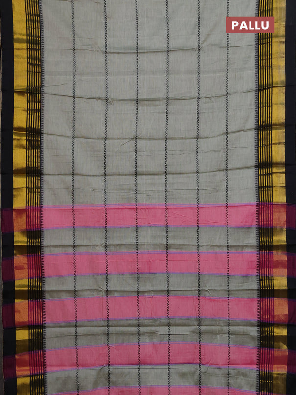 Narayanpet cotton saree pastel green and black with thread weaves and zari woven border