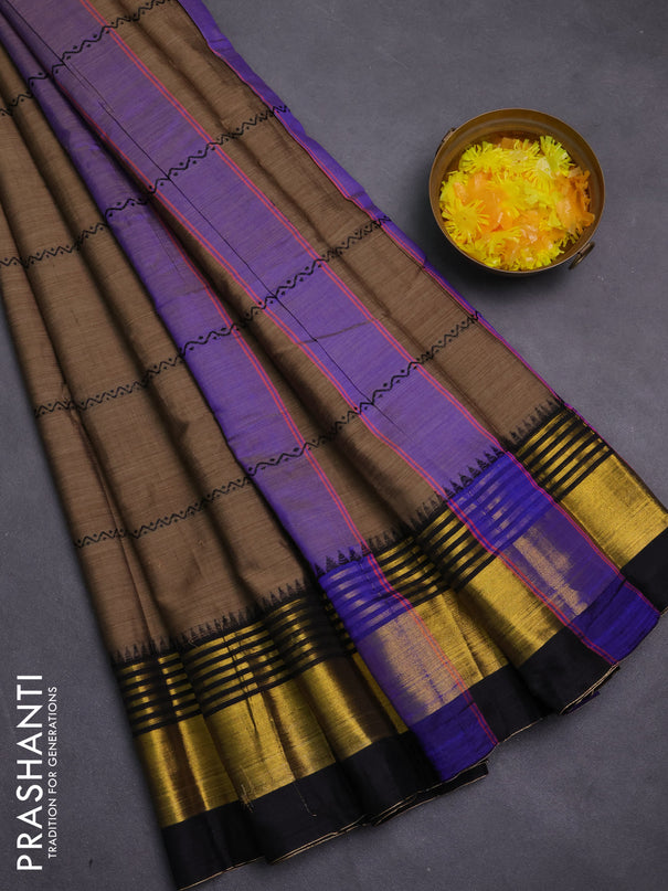 Narayanpet cotton saree brown and black with thread weaves and zari woven border