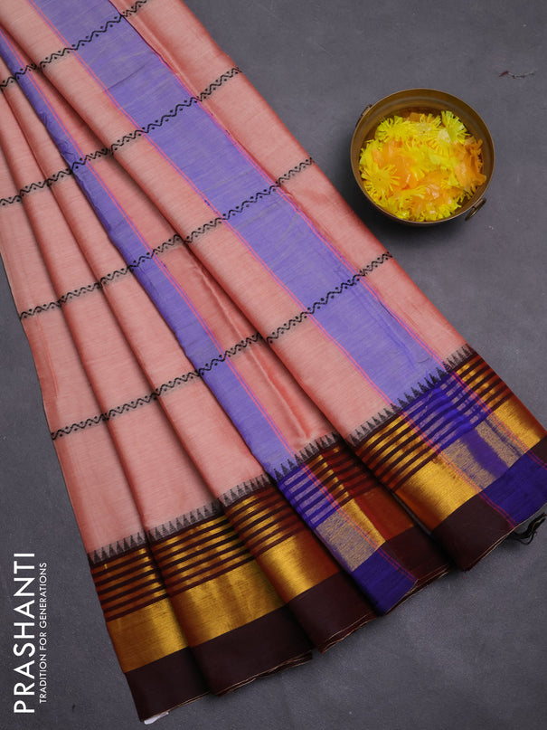 Narayanpet cotton saree peach shade and deep maroon with thread weaves and zari woven border