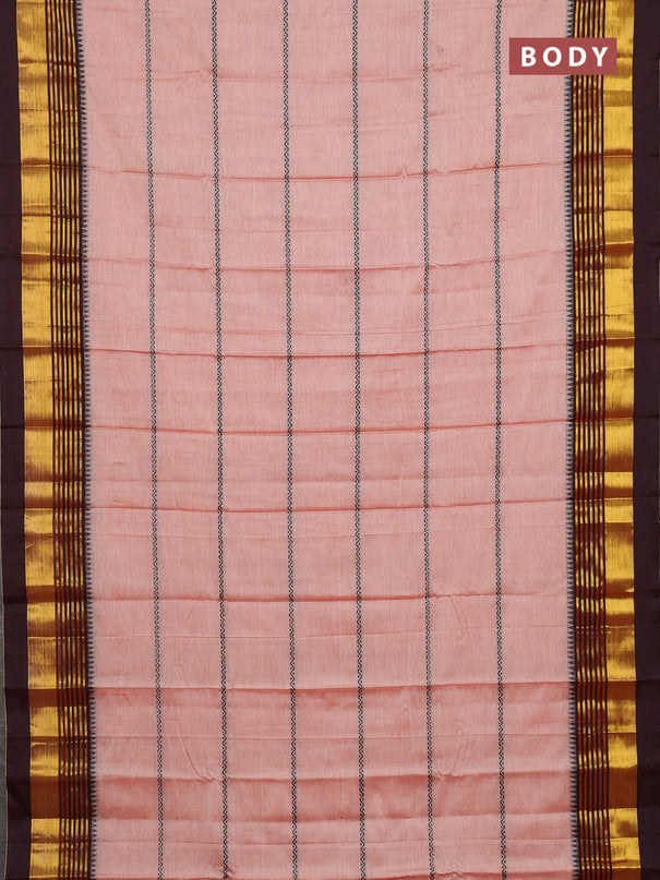 Narayanpet cotton saree peach shade and deep maroon with thread weaves and zari woven border