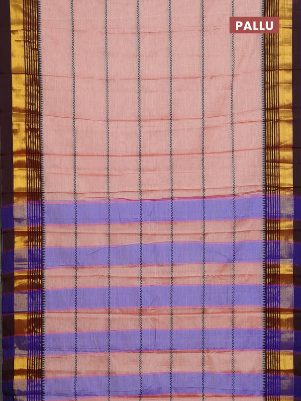 Narayanpet cotton saree peach shade and deep maroon with thread weaves and zari woven border