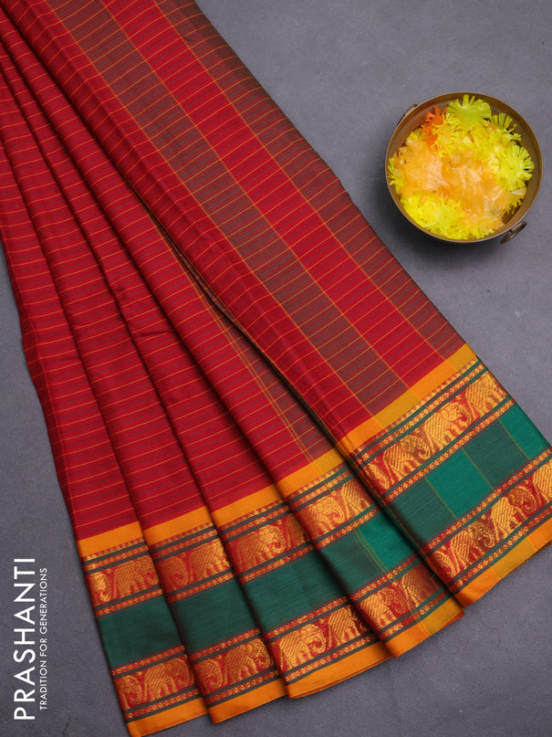 Narayanpet cotton saree maroon and mustard yellow with allover thread weaves and rettapet zari woven border