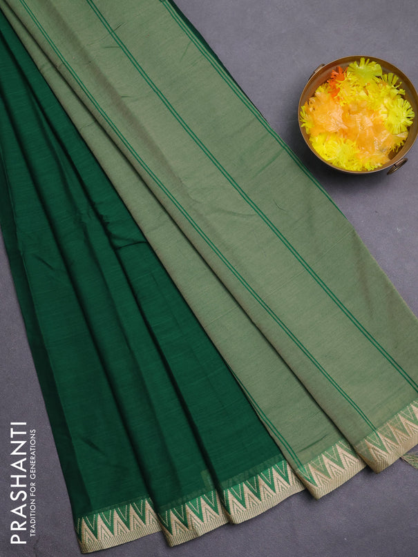 Narayanpet cotton saree green and beige with plain body and temple thread woven border