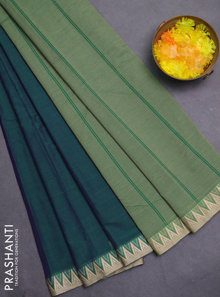 Narayanpet cotton saree dual shade of green and beige with plain body and temple thread woven border