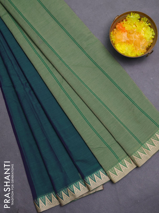 Narayanpet cotton saree dual shade of green and beige with plain body and temple thread woven border