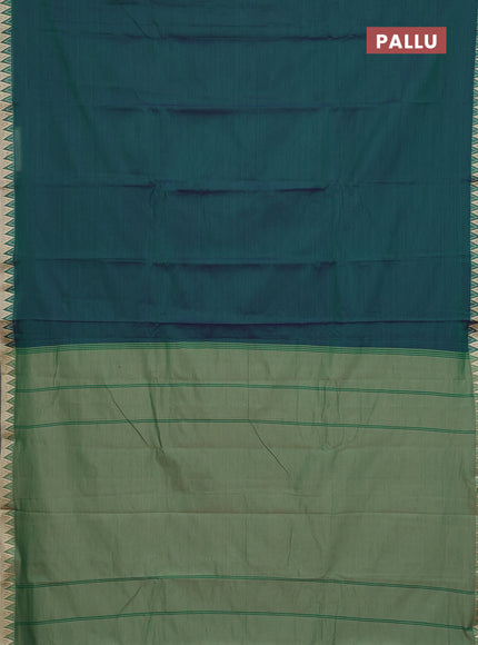 Narayanpet cotton saree dual shade of green and beige with plain body and temple thread woven border