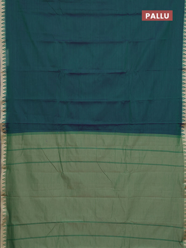 Narayanpet cotton saree dual shade of green and beige with plain body and temple thread woven border