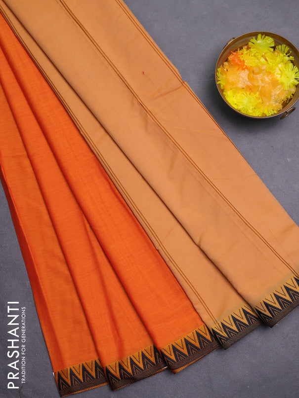 Narayanpet cotton saree orange and black with plain body and temple thread woven border