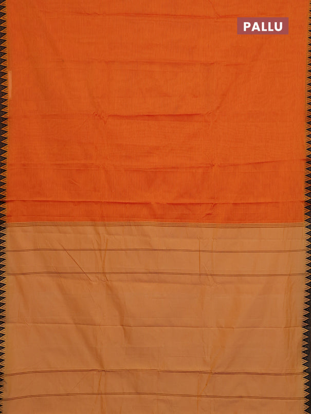Narayanpet cotton saree orange and black with plain body and temple thread woven border