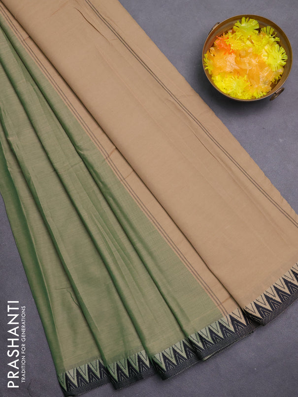 Narayanpet cotton saree sap green and black with plain body and temple thread woven border