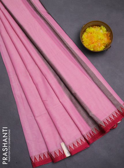 Narayanpet cotton saree peach pink and maroon with plain body and temple thread woven border