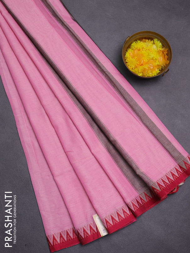 Narayanpet cotton saree peach pink and maroon with plain body and temple thread woven border
