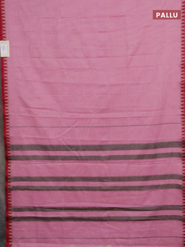 Narayanpet cotton saree peach pink and maroon with plain body and temple thread woven border