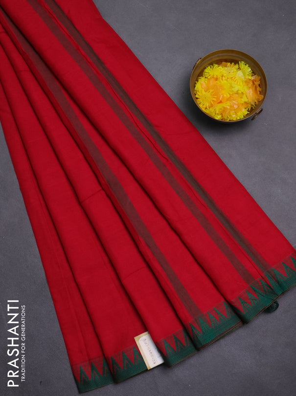 Narayanpet cotton saree red and green with plain body and temple thread woven border
