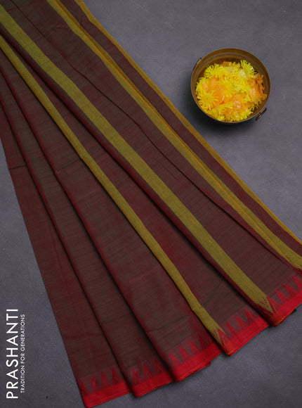 Narayanpet cotton saree dual shade of greenish red with plain body and temple thread woven border