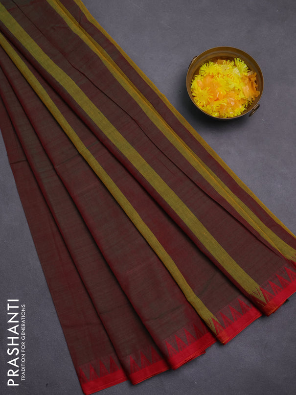 Narayanpet cotton saree dual shade of greenish red with plain body and temple thread woven border