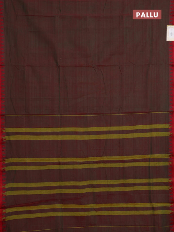Narayanpet cotton saree dual shade of greenish red with plain body and temple thread woven border