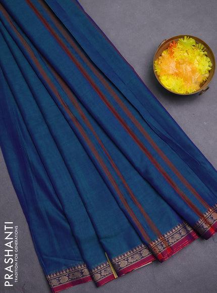 Narayanpet cotton saree peacock blue and maroon with plain body and thread woven border