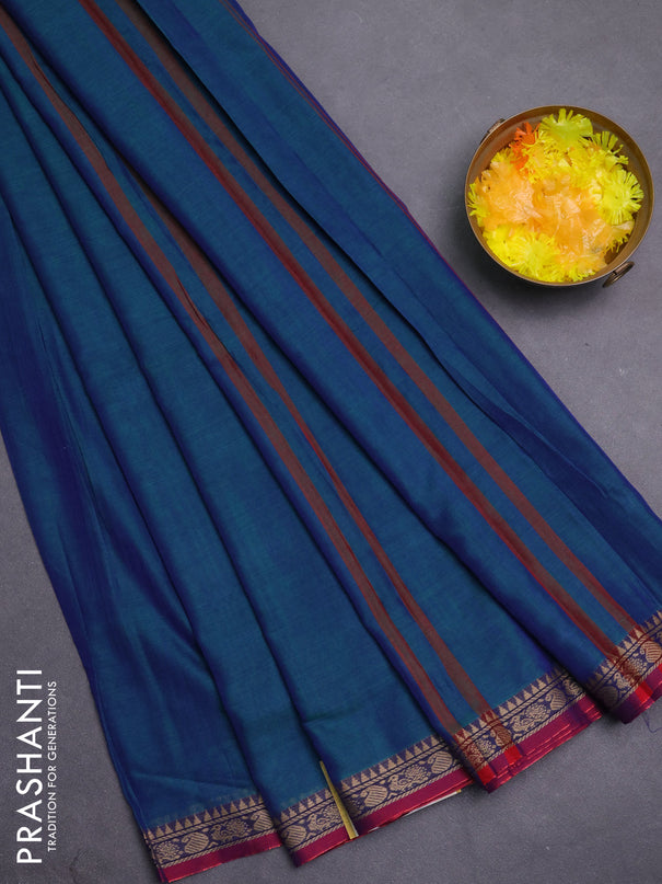 Narayanpet cotton saree peacock blue and maroon with plain body and thread woven border