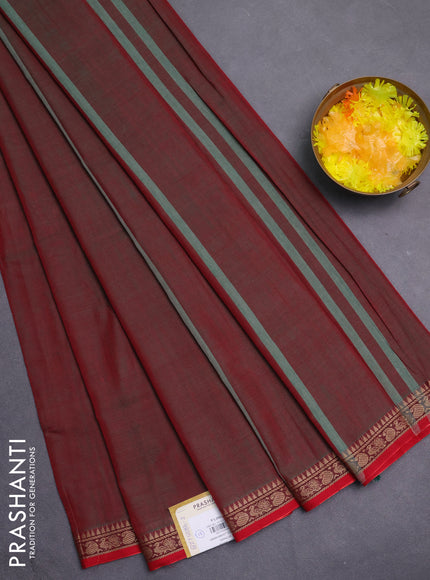 Narayanpet cotton saree dual shade of reddish green and red with plain body and thread woven border