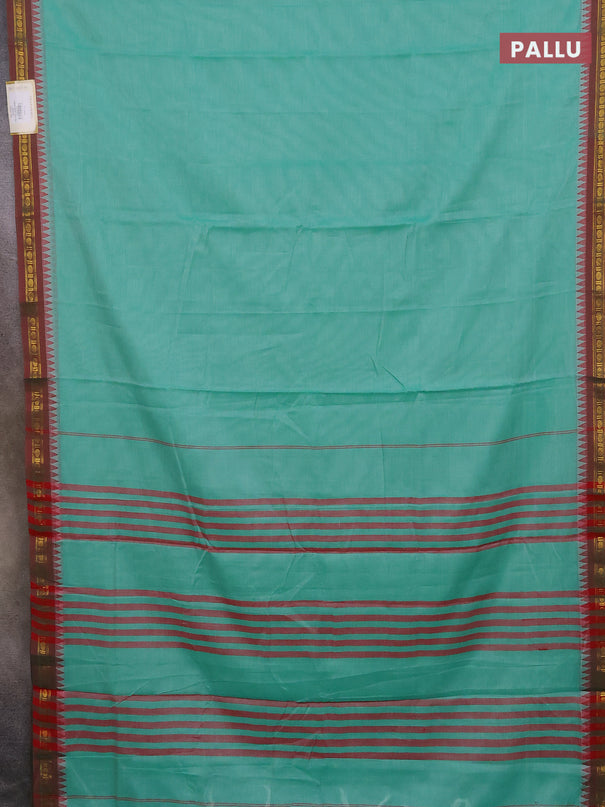 Narayanpet cotton saree teal green and maroon with plain body and temple thread woven butta border