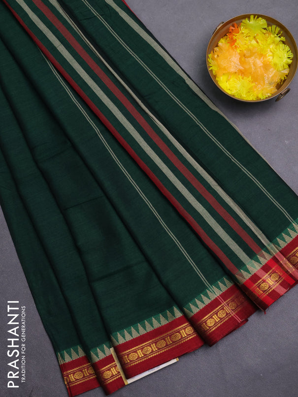 Narayanpet cotton saree bottle green and maroon with plain body and temple thread woven butta border