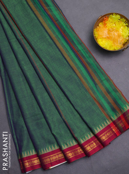 Narayanpet cotton saree green and pink with plain body and temple thread woven butta border