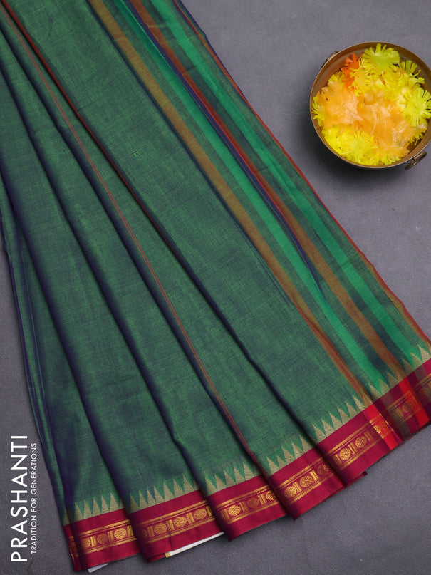 Narayanpet cotton saree green and pink with plain body and temple thread woven butta border