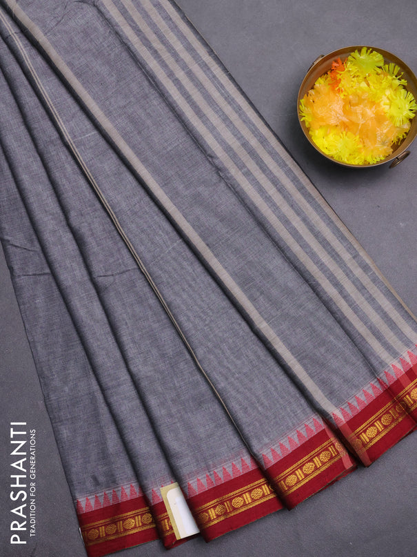 Narayanpet cotton saree grey and maroon with plain body and temple thread woven butta border
