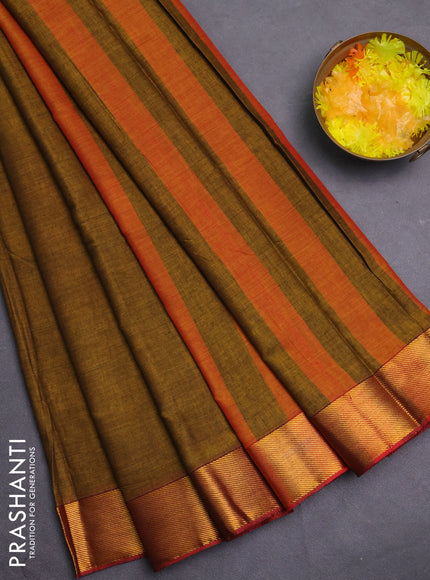 Narayanpet cotton saree dark mustard and rust shade with plain body and zari woven border