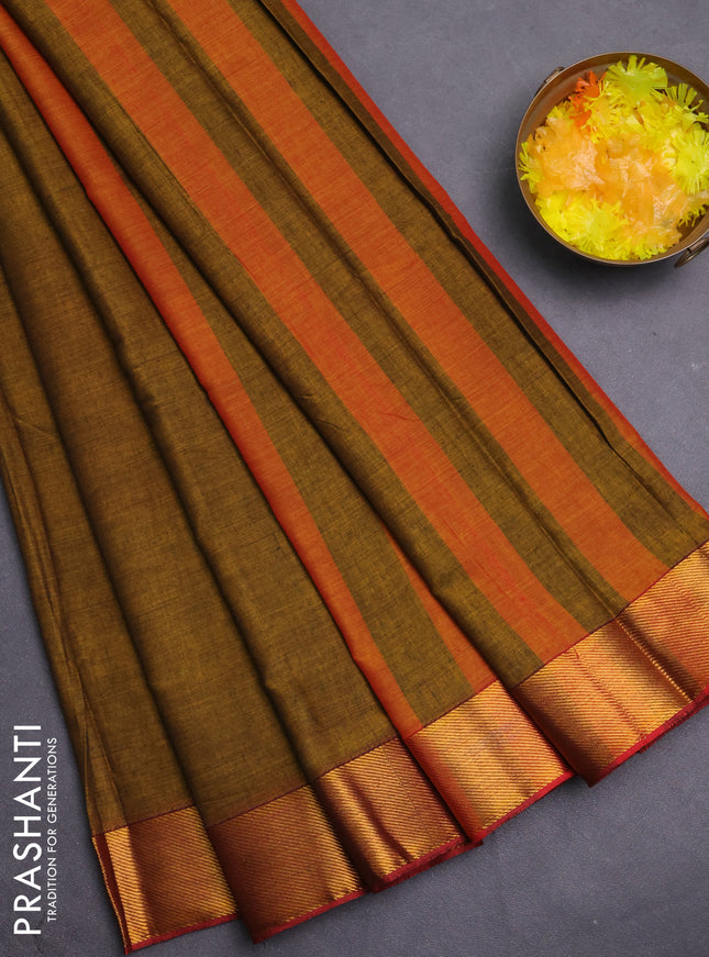 Narayanpet cotton saree dark mustard and rust shade with plain body and zari woven border