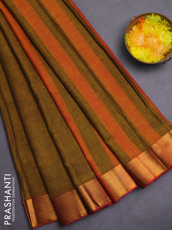 Narayanpet cotton saree dark mustard and rust shade with plain body and zari woven border