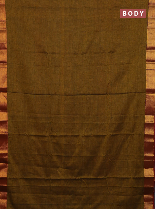 Narayanpet cotton saree dark mustard and rust shade with plain body and zari woven border