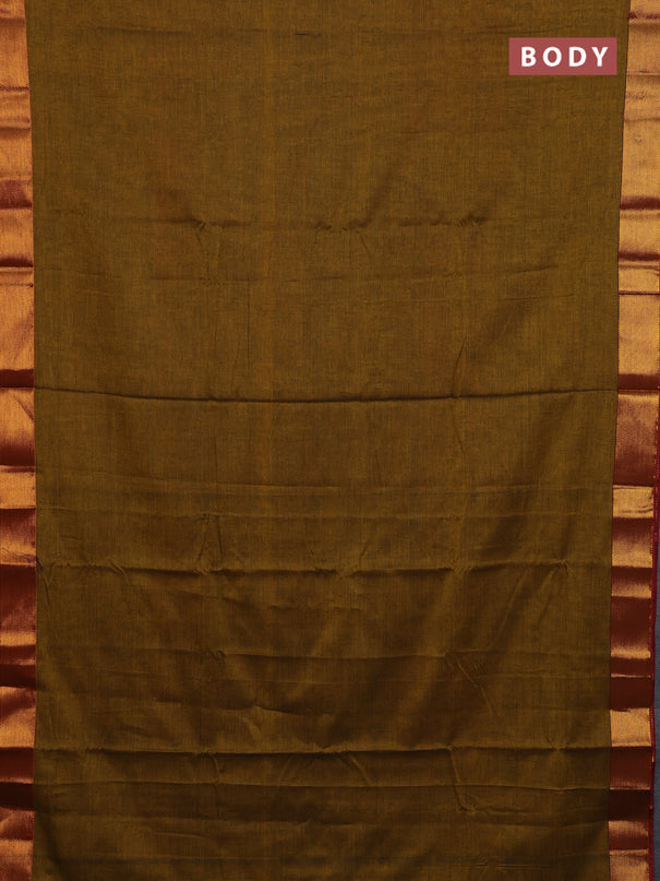 Narayanpet cotton saree dark mustard and rust shade with plain body and zari woven border