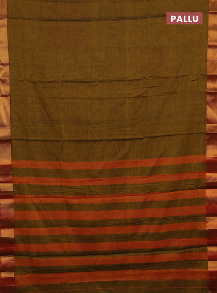 Narayanpet cotton saree dark mustard and rust shade with plain body and zari woven border