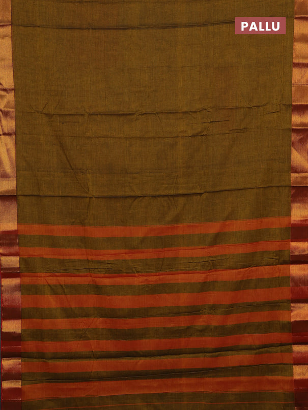Narayanpet cotton saree dark mustard and rust shade with plain body and zari woven border