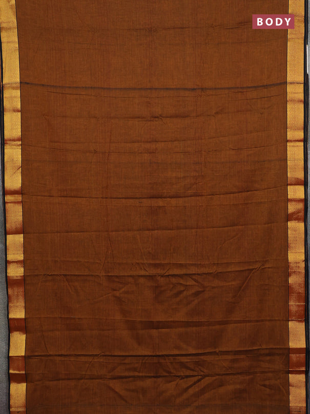 Narayanpet cotton saree dark mustard and black with plain body and zari woven border